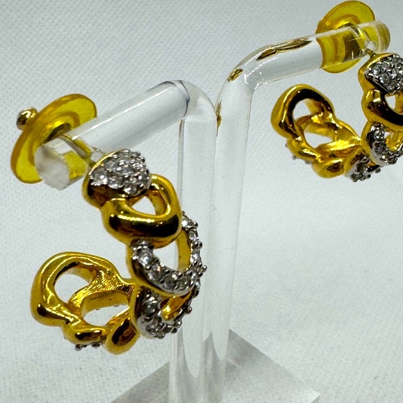 Swarovski Crystal Rhinestone Earrings Gold Tone Pierced Half Hoop - Picture 1 of 13